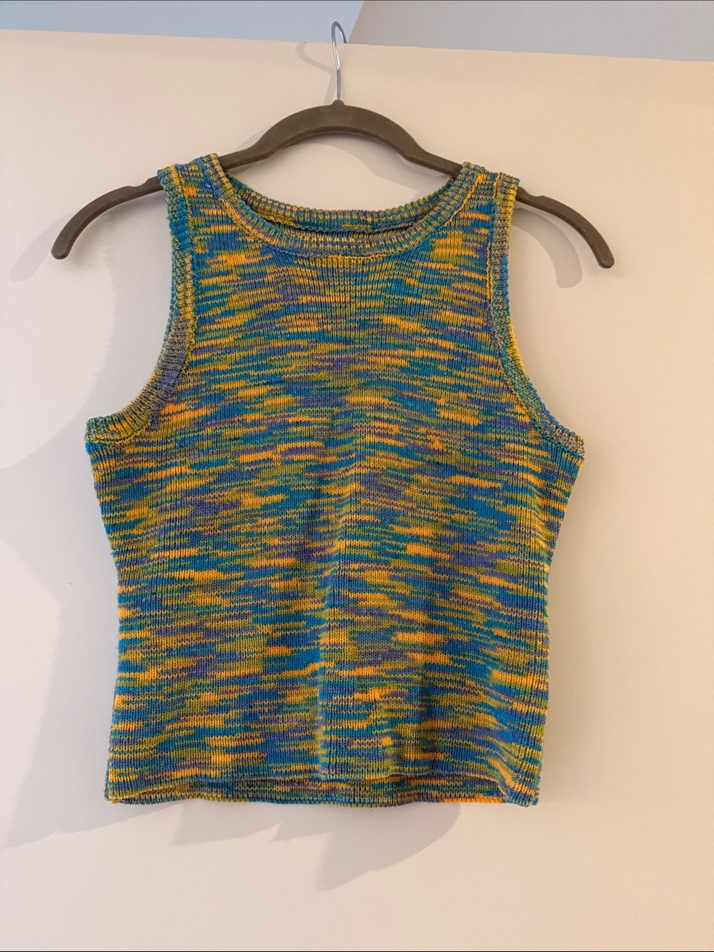 Multicolor Knit Sleeveless Tank Top in Teal and Yellow